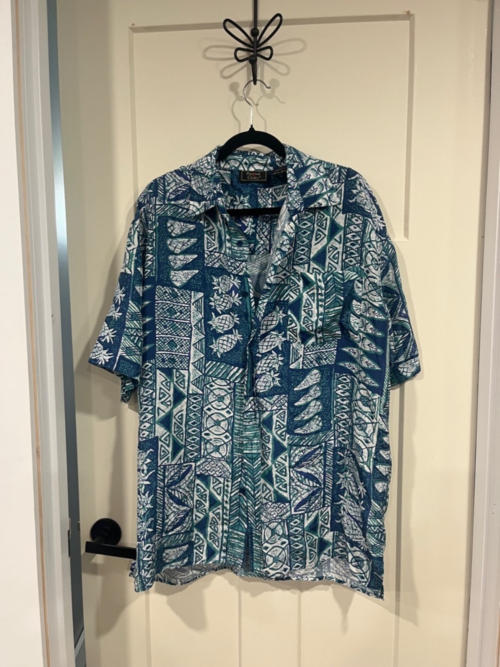 Casual Teal & White Printed Short-Sleeve Button-Down Shirt